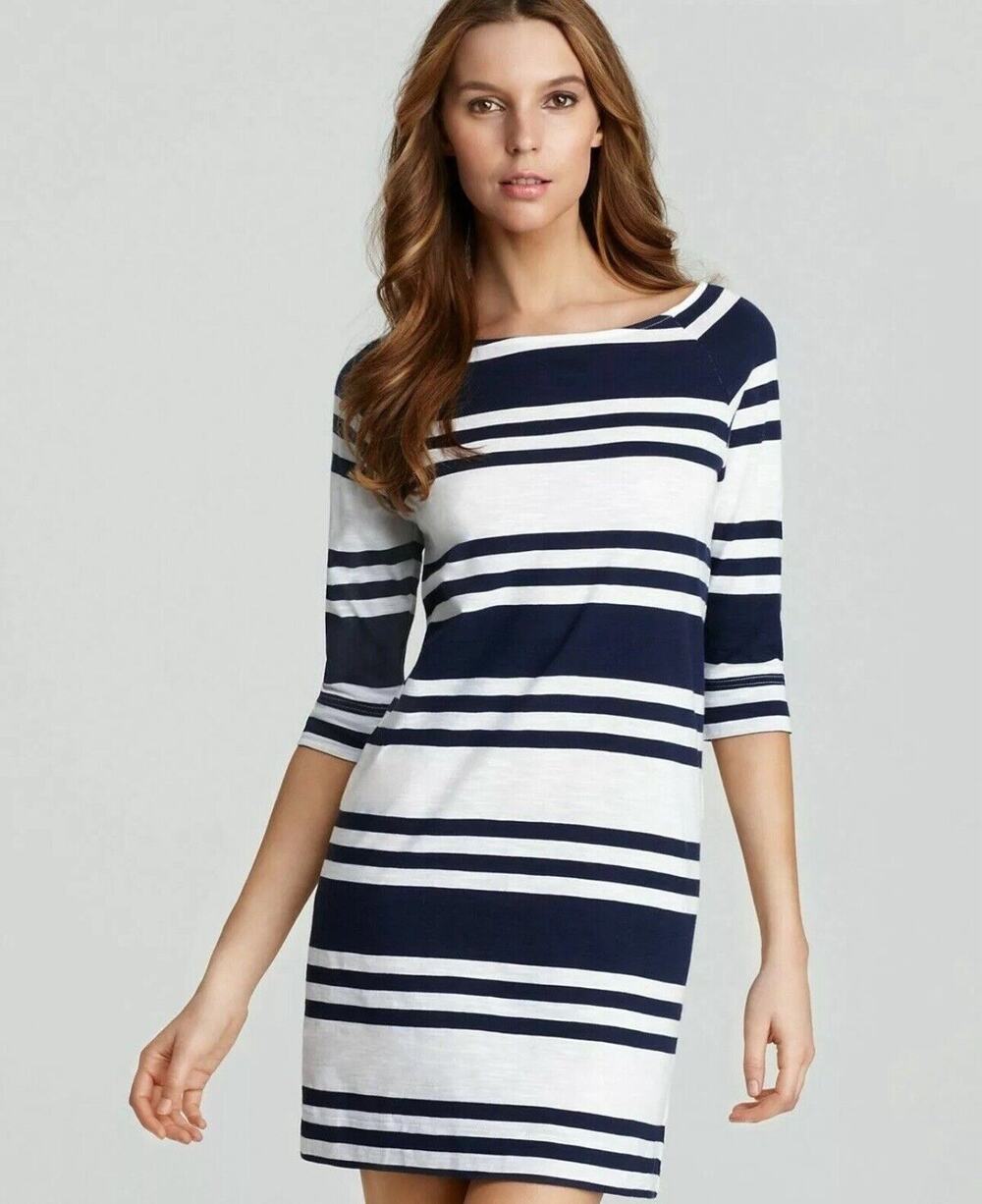 Lilly Pulitzer Cassie Mini Dress Navy Blue White Striped 100% Cotton Size XL